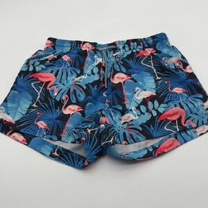 Ladies ~ Hot Coals ~ Tropical Blue Leaf Pink Flamingos Print ~ Swim Shorts ~ M